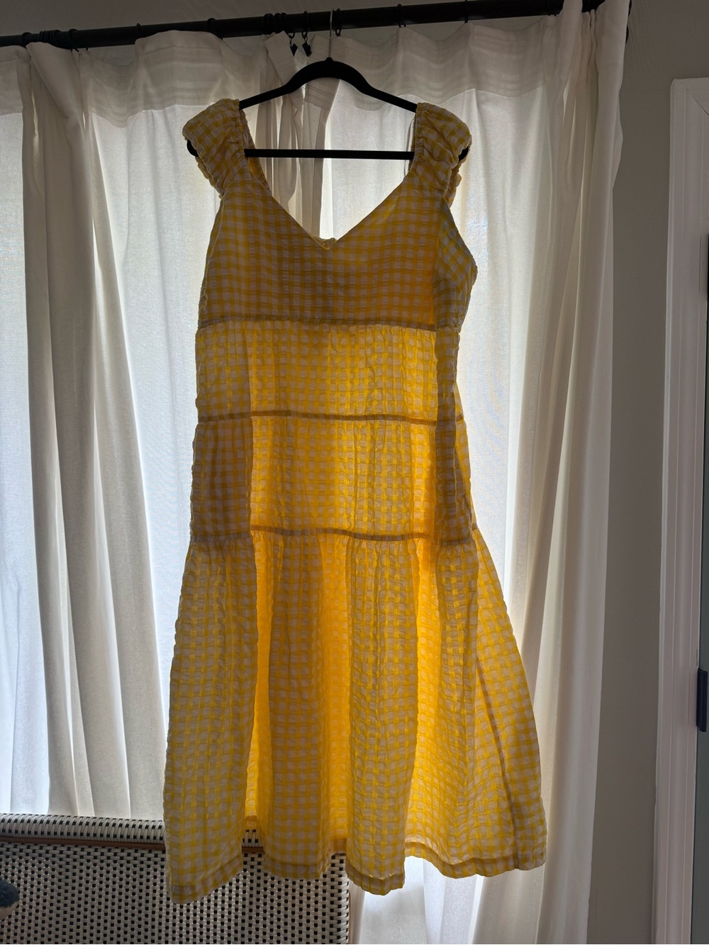 Old Navy Yellow Gingham Tiered Midi Dress